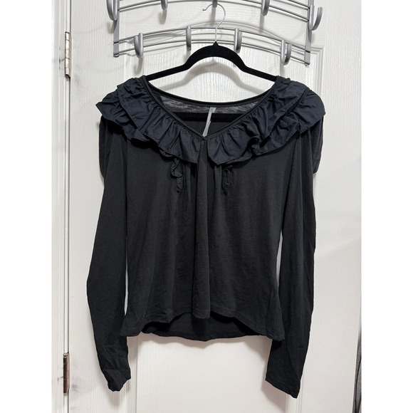 Anthropologie Tops - Anthropologie Black Ruffle Neck Long Sleeve Top Women's S Cotton Feminine Chic